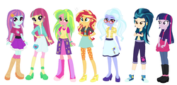Size: 1371x656 | Tagged: safe, artist:sarahgdo, indigo zap, lemon zest, sour sweet, sugarcoat, sunny flare, sunset shimmer, twilight sparkle, equestria girls, g4, boots, clothes, converse, female, glasses, high heels, shadow five, shoes, skirt, sneakers, socks