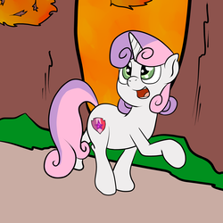 Size: 2500x2500 | Tagged: safe, artist:bennimarru, sweetie belle, pony, unicorn, g4, autumn, cute, female, filly, high res, open mouth, raised hoof, running of the leaves, solo, walking