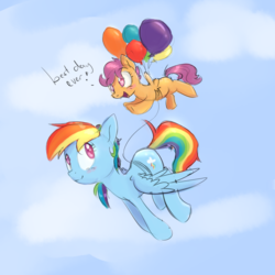 Size: 2160x2160 | Tagged: safe, artist:pucksterv, rainbow dash, scootaloo, pegasus, pony, g4, assisted flying, balloon, cloud, dialogue, duo, female, filly, flying, high res, mare, scootalove, sky