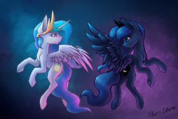 Size: 3000x2000 | Tagged: safe, artist:fluxittu, artist:lollipony, princess celestia, princess luna, alicorn, pony, g4, abstract background, collaboration, duo, female, flying, high res, looking at each other, royal sisters, signature