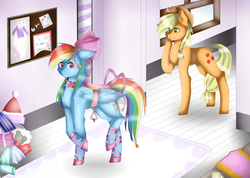 Size: 1024x731 | Tagged: safe, artist:rapqeen, applejack, rainbow dash, pony, g4, amused, ballet slippers, bells, blushing, bound wings, bow, choker, embarrassed, floppy ears, girly, hair bow, rainbow dash always dresses in style, saddle, stirrups, tack, tail bow, tomboy taming