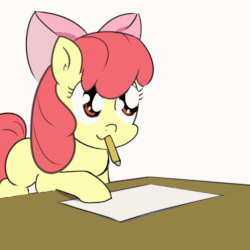 Size: 560x560 | Tagged: safe, artist:halflingpony, apple bloom, earth pony, pony, g4, adorabloom, animated, apple bloom's bow, bow, clock, countdown, cute, eye shimmer, female, filly, gif, hair bow, mouth hold, newbie artist training grounds, paper, pencil