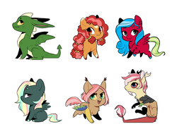 Size: 3300x2550 | Tagged: safe, artist:kianamai, oc, oc only, oc:blu, oc:cinnamon crisp, oc:cry baby, oc:europa (draconequus), oc:gloria, oc:sparkler, draconequus, dragon, earth pony, pegasus, pony, chest fluff, high res, lidded eyes, looking back, ponysona, simple background, sitting, smiling, spread wings, white background, wings