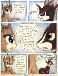 Size: 1076x1408 | Tagged: safe, artist:thefriendlyelephant, oc, oc only, oc:sabe, oc:uganda, antelope, giant sable antelope, comic:sable story, animal in mlp form, cloven hooves, comic, dialogue, horns, speech bubble, traditional art