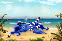 Size: 3000x2000 | Tagged: safe, artist:shogundun, princess luna, alicorn, crab, pony, starfish, g4, beach, clothes, cloud, female, glowing horn, high res, horn, looking at you, magic, ocean, on back, relaxing, sky, smiling, socks, solo, striped socks, sunglasses, telekinesis