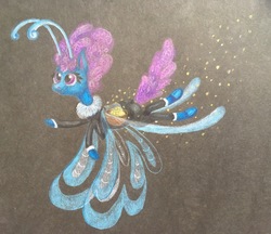 Size: 3496x3020 | Tagged: safe, artist:pony-from-everfree, seabreeze, breezie, g4, antennae, basket, black background, clothes, colored pencil drawing, curly hair, dress, flying, high res, lineless, male, pollen, simple background, solo, traditional art, wings