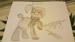 Size: 1280x720 | Tagged: safe, artist:straighttothepointstudio, oc, oc only, oc:ex-plasma, earth pony, pony, gear, gun, health bars, lmg, mk46, ponytail, pp-19, short tail, smiling, solo, submachinegun, sunglasses, the division, the division watch, the division: survival, traditional art, weapon