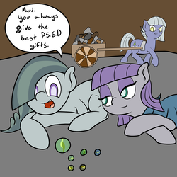 Size: 2500x2500 | Tagged: safe, artist:bennimarru, limestone pie, marble pie, maud pie, earth pony, pony, g4, flat colors, high res, marbles, namesake, pie sister swap day, pie sisters, pun, rock, siblings, sisters, text, trio, visual pun