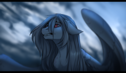 Size: 2539x1479 | Tagged: safe, artist:rrusha, oc, oc only, oc:eden ronsard, pegasus, pony, chest fluff, crying, female, floppy ears, letterboxing, sad, solo, wet mane, wing fluff