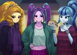Size: 1228x868 | Tagged: safe, artist:agaberu, adagio dazzle, aria blaze, sonata dusk, equestria girls, g4, my little pony equestria girls: rainbow rocks, belly button, breasts, choker, clothes, female, food, hoodie, midriff, sonataco, spiked choker, spiked wristband, sweater, taco, that girl sure loves tacos, that siren sure does love tacos, the dazzlings, trio, trio female, wristband