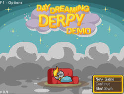 Size: 637x481 | Tagged: safe, artist:sonicboy112, derpy hooves, pegasus, pony, g4, cloud, day dreaming derpy, game, game menu, pixel art, sleeping, stars