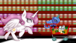 Size: 1920x1080 | Tagged: safe, artist:victoria-luna, princess celestia, princess luna, alicorn, pony, a flurry of emotions, g4, alternate universe, baby, baby pony, bipedal, can, cart, chase, counter, cute, female, filly, food, frown, fruit, glowing horn, gritted teeth, horn, lunabetes, magic, mare, missing accessory, open mouth, pineapple, royal sisters, running, shop, shopping, shopping cart, smiling, spread wings, telekinesis, wide eyes, wings, woona, younger
