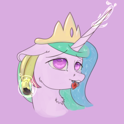 Size: 3000x3000 | Tagged: safe, artist:drafthoof, princess celestia, alicorn, pony, g4, ahegao, banana, bust, cheek fluff, colored pupils, drool, ear insertion, female, floppy ears, food, high res, magic, mare, neck fluff, open mouth, portrait, simple background, solo, telekinesis, that pony sure does love bananas, tongue out, wat