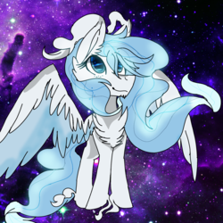 Size: 2560x2560 | Tagged: safe, artist:brokensilence, oc, oc only, oc:glacia, original species, pony, chest fluff, ethereal mane, female, freckles, galaxy, heavenly ponies, high res, impossibly large wings, solo