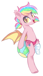 Size: 1586x2773 | Tagged: safe, artist:hawthornss, oc, oc only, oc:paper stars, bat pony, pony, amputee, bandage, beach ball, bikini, bikini bottom, chest fluff, clothes, cute, cute little fangs, ear fluff, fangs, female, looking at you, missing limb, open mouth, simple background, smiling, solo, stump, swimsuit, transparent background
