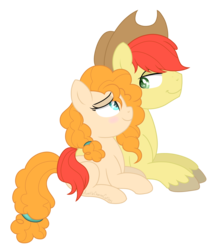 Size: 2340x2732 | Tagged: safe, artist:raspberrystudios, bright mac, pear butter, earth pony, pony, g4, the perfect pear, embrace, high res, love, lying, ship:brightbutter, shipping