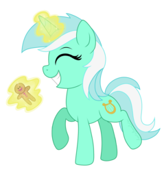 Size: 2413x2528 | Tagged: safe, artist:raspberrystudios, lyra heartstrings, pony, unicorn, g4, big smile, cute, eyes closed, gingerbread man, grin, high res, humie, lyrabetes, magic, smiley face, smiling, solo, telekinesis, that pony sure does love humans, trotting, trotting in place