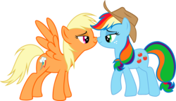 Size: 4438x2544 | Tagged: safe, artist:aborrozakale, applejack, rainbow dash, earth pony, pegasus, pony, g4, female, high res, lesbian, mare, nuzzling, palette swap, recolor, ship:appledash, shipping, simple background, transparent background, vector