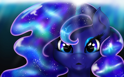 Size: 1680x1050 | Tagged: safe, artist:zomixnu, princess luna, alicorn, pony, g4, female, princess, shine eyes, shiny, solo, space