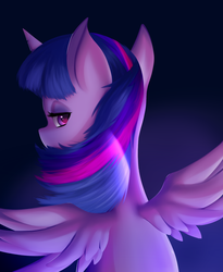 Size: 1280x1564 | Tagged: safe, artist:suziouwabami, twilight sparkle, alicorn, pony, g4, ambience, back, dark, female, looking at you, mare, omnious, purple, solo, twilight sparkle (alicorn), wings