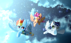 Size: 1024x625 | Tagged: safe, artist:victoriathething, rainbow dash, scootaloo, soarin', pony, g4, cloud, cloudy, cute, cutealoo, female, flying, male, scootaloo can fly, scootalove, ship:soarindash, shipping, siblings, sisters, starry night, straight