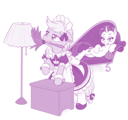 Size: 1000x935 | Tagged: safe, artist:dstears, applejack, rarity, earth pony, pony, unicorn, bipedal, bipedal leaning, cleaning, clothes, couch, fainting couch, female, leaning, lesbian, maid, mare, monochrome, rarijack, shipping, simple background, smiling, white background