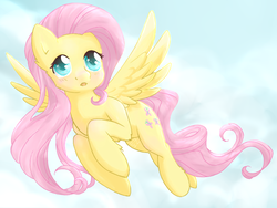 Size: 800x600 | Tagged: safe, artist:tokokami, fluttershy, pony, g4, blushing, cute, female, flying, looking away, looking up, open mouth, shyabetes, sky, solo, spread wings, wings