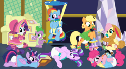Size: 11000x6000 | Tagged: safe, artist:evilfrenzy, applejack, discord, fluttershy, pinkie pie, rainbow dash, rarity, spike, starlight glimmer, twilight sparkle, alicorn, dragon, earth pony, pegasus, pony, unicorn, g4, abdl, absurd resolution, adult foal, animal costume, animal onesie, baby bottle, baby bouncer, bonnet, book, booties, bow, building blocks, bunny costume, clothes, costume, cute, diaper, diaper fetish, diaper package, dress, fetish, frilly diaper, hair bow, hoof sucking, horn, horn sleeve, mane seven, mane six, non-baby in diaper, onesie, pacifier, plushie, poofy diaper, show accurate, sucking, twilight sparkle (alicorn)