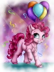 Size: 3243x4300 | Tagged: safe, artist:gaelledragons, pinkie pie, earth pony, pony, g4, balloon, confetti, cute, diapinkes, female, grin, high res, looking at you, mare, mouth hold, raised hoof, smiling, smiling at you, solo, unshorn fetlocks