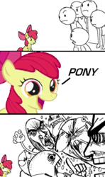 Size: 355x599 | Tagged: safe, apple bloom, human, pony, g4, apple bloom's bow, argument, bow, clothes, comic, dialogue, exploitable meme, female, filly, hair bow, meme, nobody is right everybody is wrong, open mouth, rage comic, rage face, shirt, sitting, smiling, trollbait, yelling