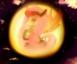 Size: 600x500 | Tagged: safe, artist:pipomanager-mimmi, fluttershy, pony, g4, bubble, female, floral head wreath, flower, looking at you, profile, raised hoof, solo, spread wings, wings