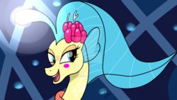Size: 1024x576 | Tagged: safe, artist:susanzx2000, princess skystar, pony, seapony (g4), g4, my little pony: the movie, blue eyes, blue mane, blushing, bubble, female, flower, flower in hair, glowing, jewelry, mare, movie, necklace, ocean, open mouth, open smile, pearl necklace, scales, seaquestria, smiling, solo, teeth, underwater, water