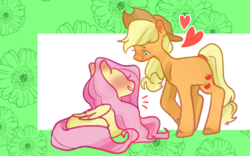 Size: 1920x1200 | Tagged: safe, artist:milky-rabbit, applejack, fluttershy, earth pony, pegasus, pony, g4, duo, female, folded wings, heart, lesbian, long mane, looking at each other, lying, mare, ship:appleshy, shipping