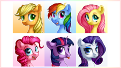 Size: 1920x1080 | Tagged: safe, artist:vird-gi, applejack, fluttershy, pinkie pie, rainbow dash, rarity, twilight sparkle, pony, g4, bust, looking at you, mane six, missing accessory, portrait, smiling, tongue out