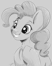 Size: 3762x4707 | Tagged: safe, artist:faline-art, pinkie pie, earth pony, pony, female, gray background, grayscale, grin, hooves, mare, monochrome, simple background, smiling, solo