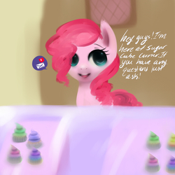 Size: 800x800 | Tagged: safe, artist:pipomanager-mimmi, pinkie pie, earth pony, pony, g4, ask, cupcake, female, food, smiling, solo, sugarcube corner, talking to viewer, tumblr