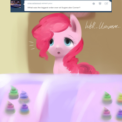 Size: 800x800 | Tagged: safe, artist:pipomanager-mimmi, pinkie pie, earth pony, pony, g4, ask, cupcake, female, food, solo, sugarcube corner, surprised, talking to viewer, tumblr