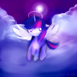 Size: 800x800 | Tagged: safe, artist:pipomanager-mimmi, twilight sparkle, alicorn, pony, g4, cloud, cute, female, flying, looking at you, moon, night, night sky, sky, solo, twiabetes, twilight sparkle (alicorn)