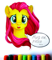 Size: 1365x1555 | Tagged: safe, artist:vird-gi, fluttershy, pony, g4, bronybait, bust, crying, cute, female, hug request, looking at you, markers, open mouth, portrait, shyabetes, solo, speech bubble, teary eyes, traditional art