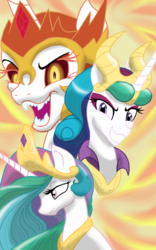 Size: 1200x1920 | Tagged: safe, artist:theroyalprincesses, daybreaker, princess celestia, alicorn, pony, a royal problem, idw, reflections, spoiler:comic, alternate universe, armor, evil, evil celestia, evil counterpart, evil grin, female, grin, horn, laughing, mane of fire, mare, mirror universe, open mouth, sad, sad face, smiling, trio, wings