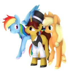 Size: 900x900 | Tagged: safe, artist:hirundoarvensis, applejack, rainbow dash, oc, earth pony, pegasus, pony, unicorn, g4, applejack's hat, clothes, cowboy hat, hat, male, simple background, stallion, top hat, transparent background