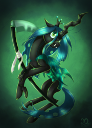 Size: 1024x1420 | Tagged: safe, artist:xaneas, queen chrysalis, changeling, changeling queen, g4, crown, fangs, female, jewelry, regalia, scythe, solo