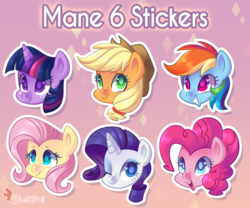 Size: 3928x3268 | Tagged: safe, artist:drawntildawn, applejack, fluttershy, pinkie pie, rainbow dash, rarity, twilight sparkle, alicorn, earth pony, pegasus, pony, unicorn, g4, female, heart eyes, high res, mane six, mare, one eye closed, smiling, sticker, sticker set, wingding eyes