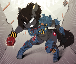 Size: 2000x1696 | Tagged: safe, artist:replica, oc, oc only, oc:replica, earth pony, anthro, unguligrade anthro, armor, fallout, female, looking at you, power fist, raider, rebar, ruins, solo