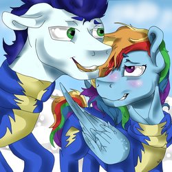 Size: 1024x1024 | Tagged: safe, artist:ne0nspirit, rainbow dash, soarin', pegasus, pony, g4, blushing, cloud, cloudsdale, cloudy, competition, female, flirting, male, mare, multicolored hair, open mouth, ship:soarindash, shipping, sky, stallion, straight