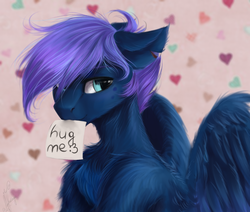 Size: 2362x2000 | Tagged: safe, artist:zefirayn, oc, oc only, pegasus, pony, :3, bust, chest fluff, ear fluff, floppy ears, fluffy, freckles, heart, high res, hug request, looking at you, male, mouth hold, portrait, shoulder fluff, solo, stallion, torn ear, wing fluff