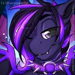 Size: 695x695 | Tagged: safe, artist:ryunwoofie, oc, oc only, oc:maltheron, anthro, bust, collar, cute, fangs, gray eyes, icon, male, portrait, purple hair, scar, smiling, smirk, solo, spiked collar