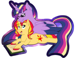 Size: 1024x789 | Tagged: safe, artist:sylver-unicorn, sunset shimmer, twilight sparkle, alicorn, pony, unicorn, g4, female, lesbian, reading, ship:sunsetsparkle, shipping, simple background, twilight sparkle (alicorn), wings down