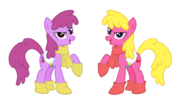 Size: 4000x2160 | Tagged: safe, artist:ispincharles, berry punch, berryshine, cherry berry, earth pony, pony, g4, boots, clothes, duo, female, mare, scarf, shoes, simple background, transparent background, vector, winter outfit