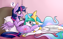 Size: 1024x647 | Tagged: safe, artist:nyan-adopts-2000, princess celestia, twilight sparkle, alicorn, pony, g4, bed, blushing, book, crying, cute, cutelestia, female, lesbian, puppy dog eyes, ship:twilestia, shipping, surprised, twiabetes, twilight sparkle (alicorn)